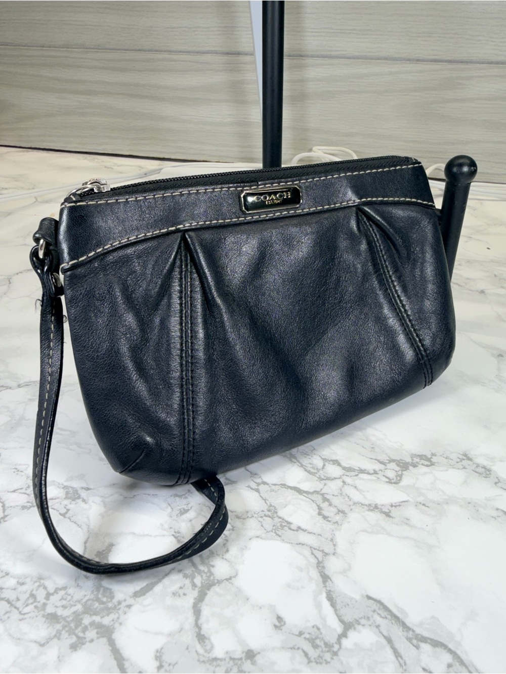 Coach Black Leather Pleated Wristlet